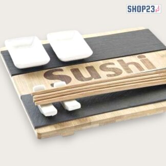 Sushi-Servierbrett aus Bambus & Schiefer – mit Porzellanschälchen & Stäbchen – 27 × 20,5 cm